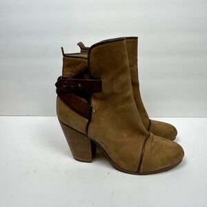 Rag & Bone Women's 7.5 Kinsey Carmel Tan Suede Brown Strap Ankle Heel Bootie